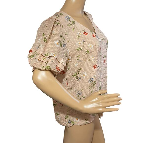 Madewell Women's Blush Pink Floral V-Neck Silk Blouse S Puff Sleeves-Cottagecore - Picture 4 of 13